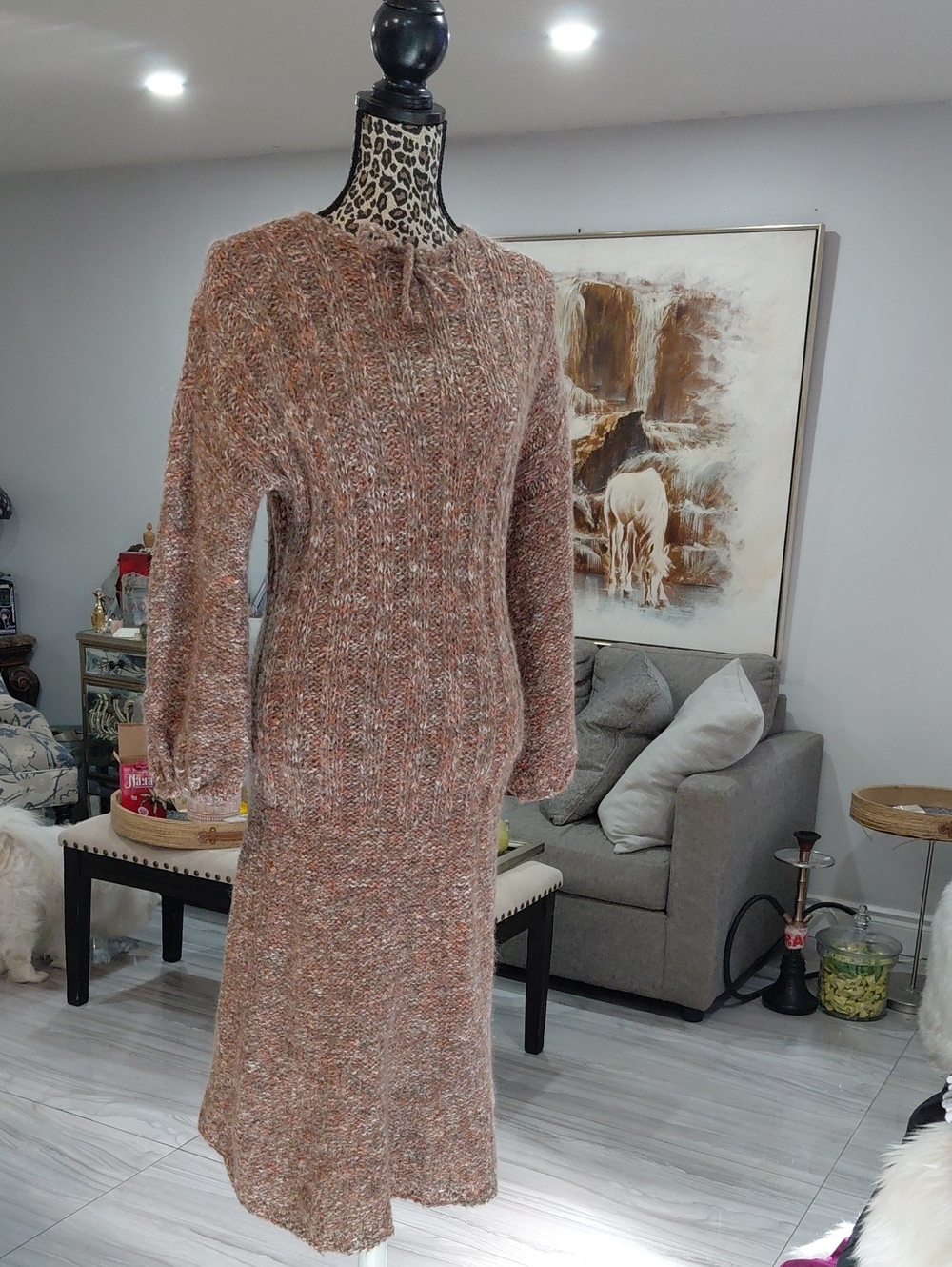 Wool Dress Handmaid Cozy Knit Midi Dress in Heathered Rust